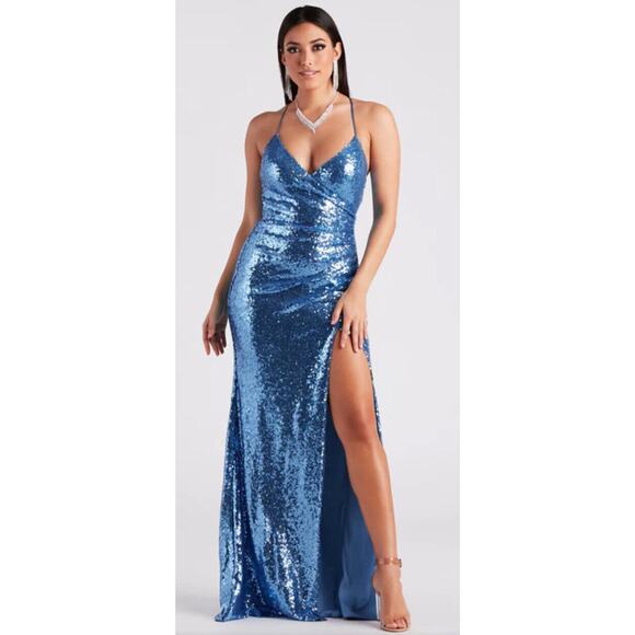 Windsor Ariella Blue Sequin Formal Size XS NWT Ruched Mermaid - Picture 1 of 8